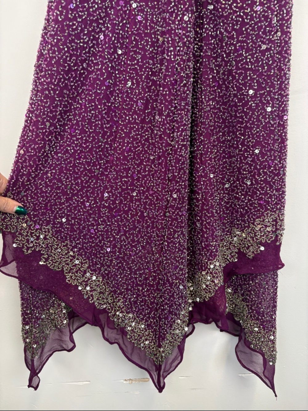 Scala Beaded Sequin Dress Purple Handkerchief Hem Cocktail Formal Size Small - Picture 8 of 10